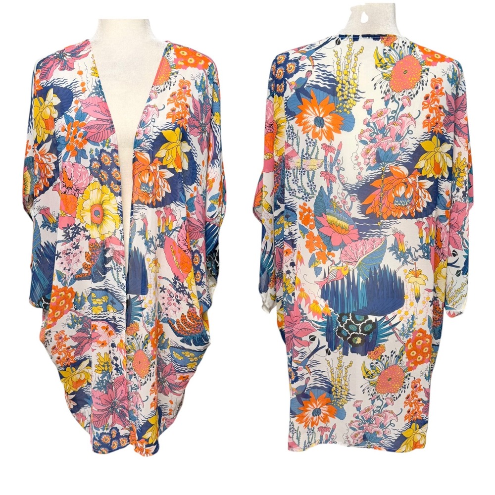 Womens L Kimono Cardigan Swim Beach Topper Multicolor Boho Floral Tropical Sheer